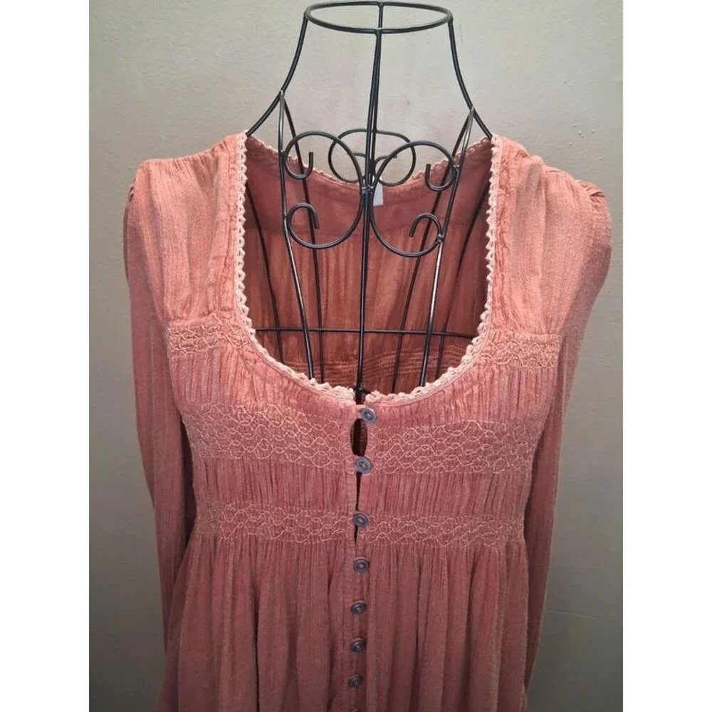 Y2K Vintage Smocked Peasant Tunic Top S/P Rose Brown Boho